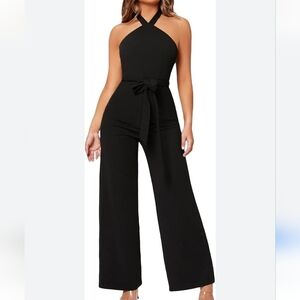 Wdirara Empire Halter Tied Backless High Waist Belted Jumpsuit